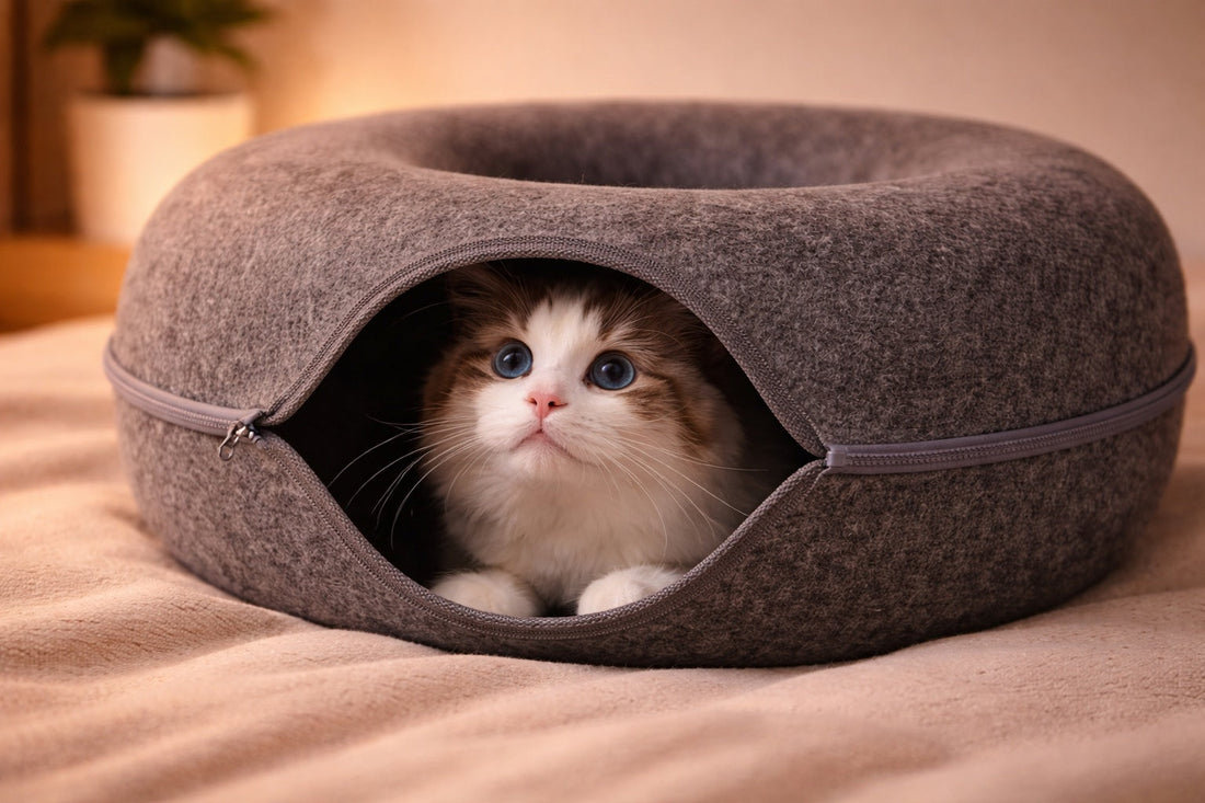 Anxious kitten peeking out of a grey felt cat tunnel bed with wide blue eyes