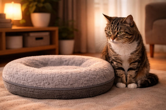 Tabby cat ignoring an open flat cat bed on a hardwood floor, warm living room lighting