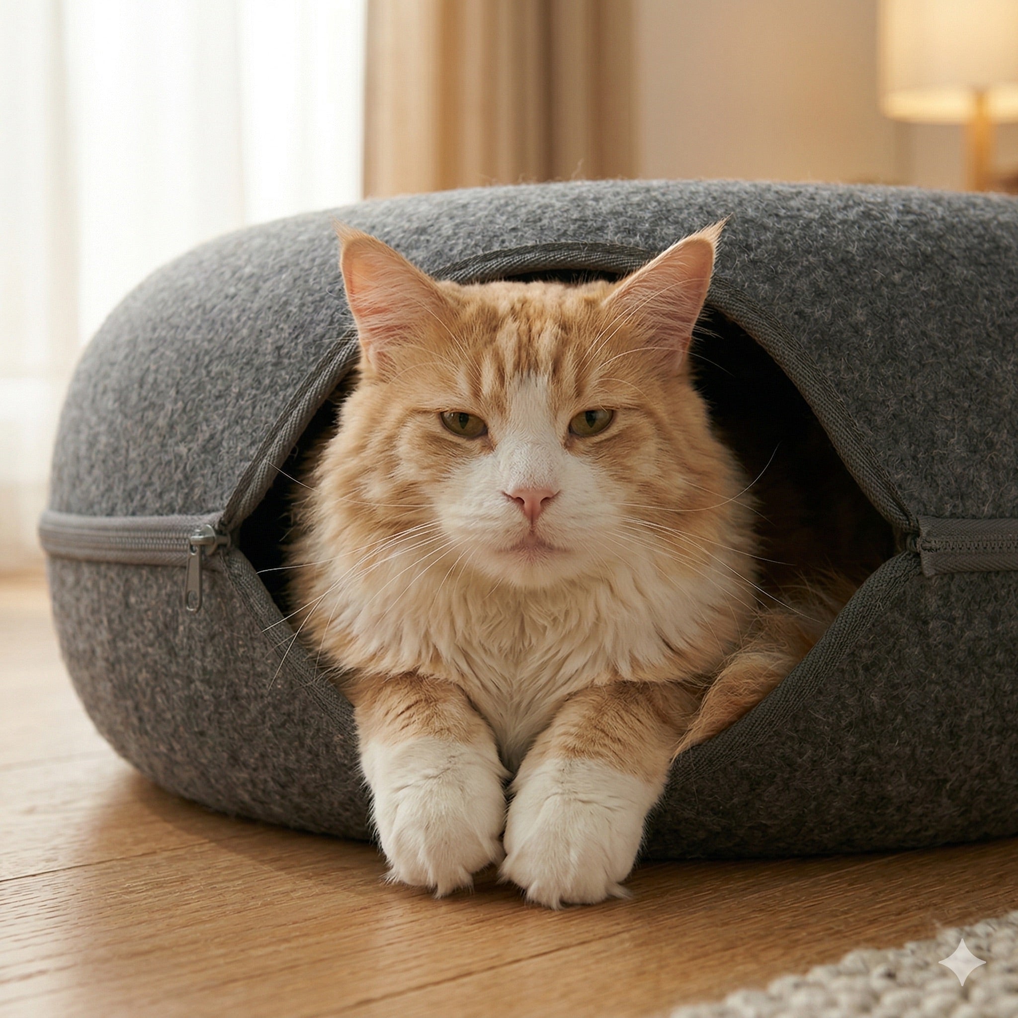 Owner measuring a large tabby cat's length before choosing a cat bed size
