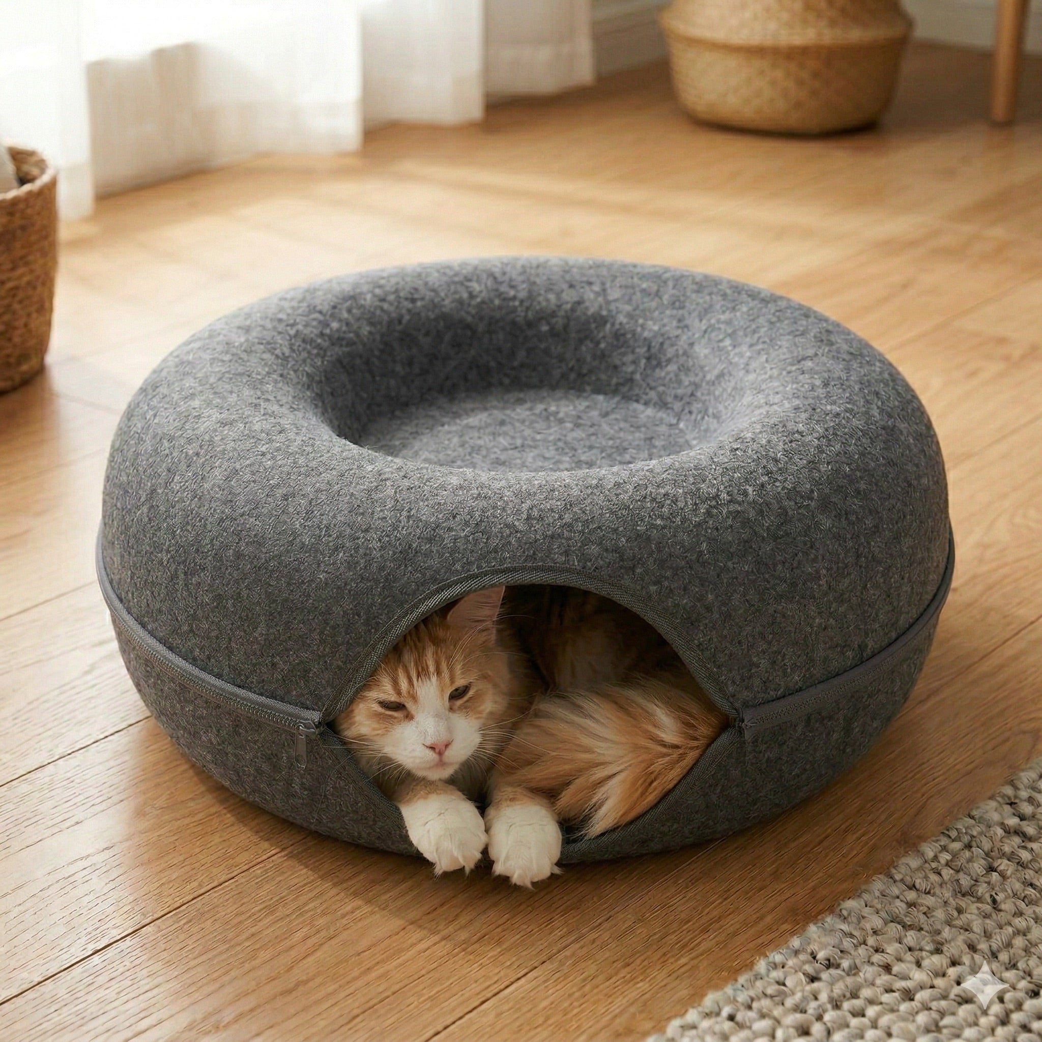Large Maine Coon cat resting inside a charcoal felt cat tunnel bed, fully curled and relaxed